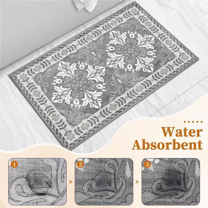 Kitchen Rugs Set of 3, Non-Slip & Washable Floor Mats, Water-Absorbent Area Pad, Standing Desk Mat for Office, Home, Doorway, Laundry, Kitchen Accessories (Light Grey)