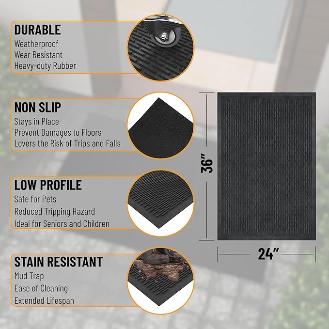 Ottomanson Waterproof Rubber Outdoor Doormat – Heavy-Duty Non-Slip Rubber Floor Mat with Ridge Scraper Pattern, All-Weather Front Door Entry Mat for Mud & Dirt Control – 24" x 36", Black