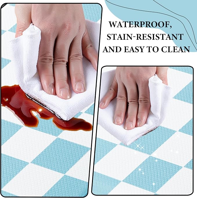 Sky Blue Checkered Grid Checkerboard Kitchen Rug Sets [2 PCs], Anti-Fatigue, Waterproof Non-Slip Kitchen Mats Heavy Duty Ergonomic Comfort Foam Rug for Floor, Home, Laundry,17"x29"+17"x47"