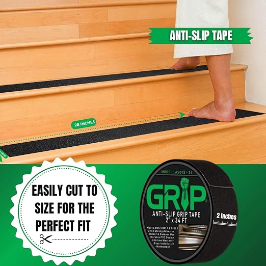 GRIP Anti Slip Tape - 80 Grit High Traction Non-Slip Tape for Stairs, Ramps, Floors, Indoor/Outdoor Use, Easy Cut & Apply, Durable for Heavy Traffic Areas (2" x 34')