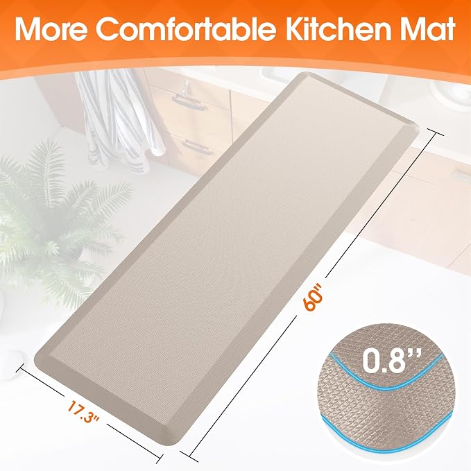4/5 Inch Thicker Kitchen Mat, Cushioned Thick Floor Comfort Mat, with Non-Slip Bottom, Water & Stain Resistant, Easy Clean Standing Desk Mat for Kitchen, Sink, Office (17.3"x60"x0.8", Khaki)