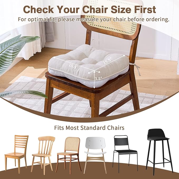 BETU Chair Cushions for Dining Chairs Set of 2,3.5" Thick Kitchen Table Chair Pads with Ties,Non Slip Backing and Covers, Seat Cushion for Dining Room,Bar,Patio Chairs,15.5"X15.5"X3.5",Beige
