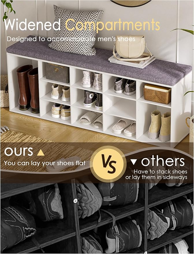DINZI LVJ Shoe Storage Bench with Cushion, 13-Cubby Shoe Rack, Adjustable Shelves, Multifunctional Shoe Organizer Bench for Entryway, Mudroom, Hallway, Living Room, Bedroom and Garage, White