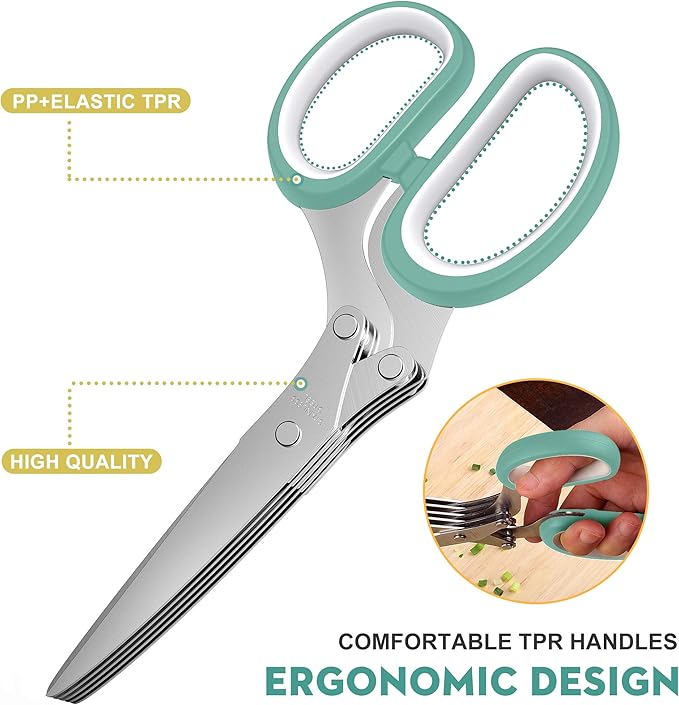 Herb Scissors with 5 Blades and Cover, Kitchen Herb Cutter with Cleaning Comb, Stainless Steel Multi Blade Herb Shears for Basil Parsley Cilantro, Easy Clean Cooking Tool, Unique Kitchen Gadgets Gift