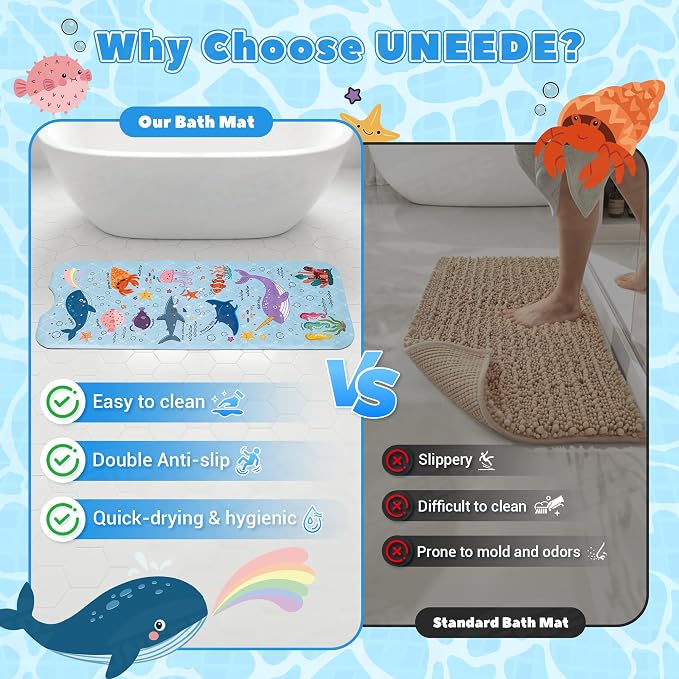 UNEEDE Baby Bathtub Mat Non Slip with 200 Suction Cups & 176 Drain Holes, 40''x16'' Quick Dry Bath Mat, Machine Washable Shower Mat for Toddlers & Kids, Ocean Pattern