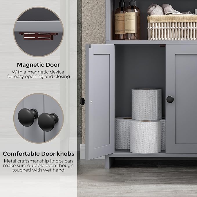 Homhedy Small Bathroom Storage Cabinet, Freestanding Toilet Paper Storage with 2 Doors and Shelves, Bathroom Organizers and Storage for Small Spaces, Laundry Room, 7.9" D x 14.6" W x 31" H, Gray