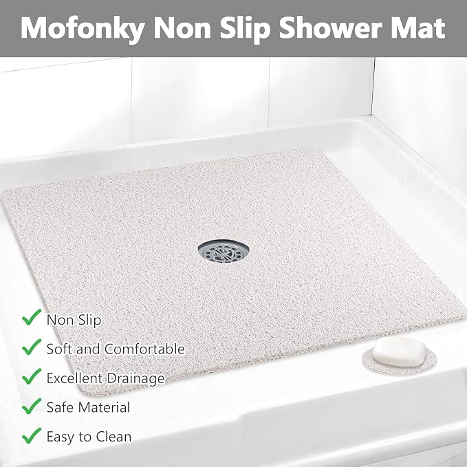Shower Mat Non Slip: 31 x 31 Inch Extra Large Square Shower Mats with Drain Hole in Middle - Soft Loofah Quick Drying Matt for Shower Stall