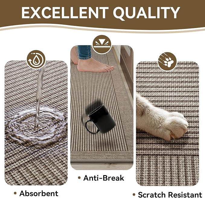 Kitchen Mats for Floor, 17''x59'' Washable Non Slip Absorbent Kitchen Mat, Braided Kitchen Runner Rug, Kitchen Sink Rug, Brown