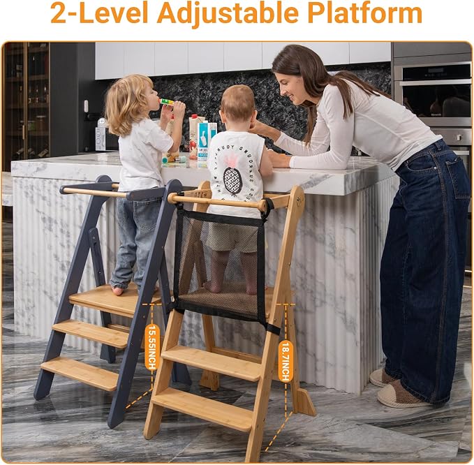 COSYLAND Foldable Toddler Standing Tower - Adjustable Height Folding Step Stool Kids Toddler Kitchen Stool for Learning and Cooking - Ages 18 Months to 6 Years with Safety Net Natural