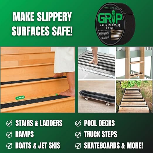 GRIP Anti Slip Tape - 80 Grit High Traction Non-Slip Tape for Stairs, Ramps, Floors, Indoor/Outdoor Use, Easy Cut & Apply, Durable for Heavy Traffic Areas (2" x 34')