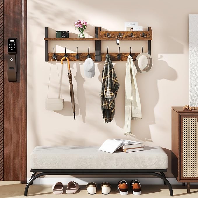 YMYNY 31.5" Coat Rack Wall Mount with Shelf, 4 in 1 Key and Coat Hanger with 12 Metal Hooks, Wall Shelf with Hooks & Mail Holder for Living Room, Bedroom, Rustic Brown, HWS007H-2