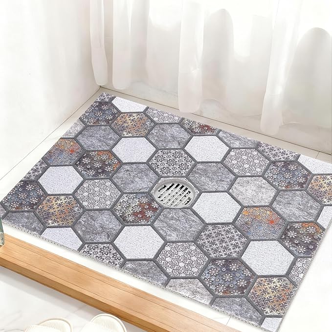 Square Shower Mat Non Slip: 32 x 24 Inch Extra Large Shower Mats with Drain Hole in Middle - PVC Loofah Anti Slip Shower Floor Matt for Inside Shower