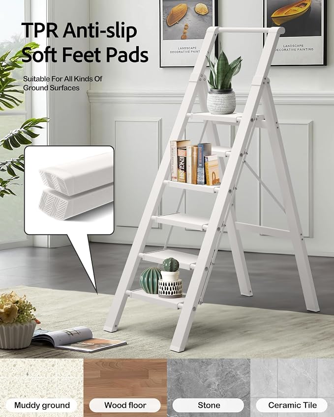 6 Step Ladder, Aluminum Folding StepStoowith Convenient Handgrip,Lightweight 330lbsCapacityStep Ladder for Household, Ofice, Kitchen(White)