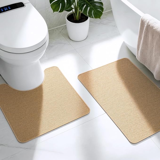 Bathroom Rugs Sets 2 Piece, Thin Bath Mat & U-Shaped Contour Toilet Rug Absorbent Quick Dry, Machine Washable, Non Slip Low Pile Bath Mats for Bathroom/Tub/Sink/Shower (27"x17" Plus 24"x20" U, Khaki)