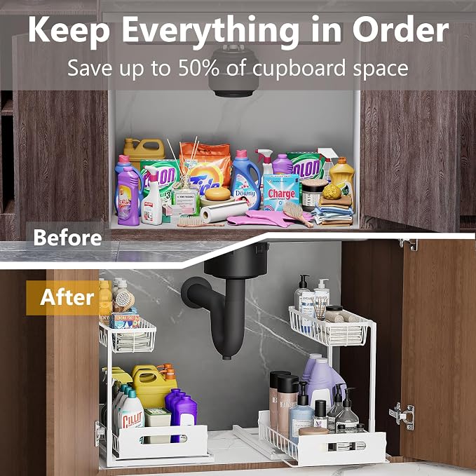 Ceetug Under Sink Organizers and Storage 2 Tier Slide Out Kitchen Cabinet Organizer Sturdy Metal Bathroom Storage (White, 2 Pack)
