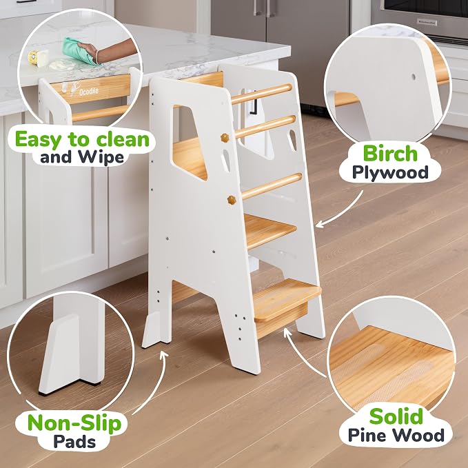 OCODILE Toddler Standing Tower - Adjustable Height Toddler Kitchen Stool Helper - Ideal Kids Kitchen Step Stool for Learning New Skills - Extra Secure with Safety Feet - White