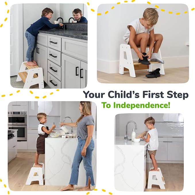 OCODILE 2-Step Wooden Step Stool for Toddlers | Kids Stool for Bathroom Sink & Kitchen Use | Non-Slip Step | Wooden Stool for Children Ages 2+ Years White