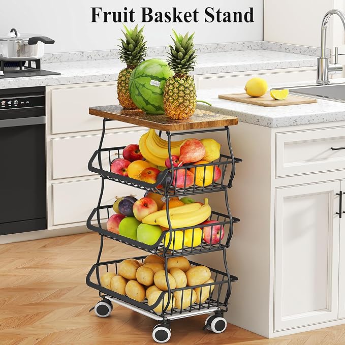 SAYZH Fruit Basket Kitchen Pantry Organizers and Storage - Wooden Top Table, Stackable Metal Wire Basket Stand Cart for Fruit Vegetable Snacks Onion Potato Organization (Black, 4 Tiers)
