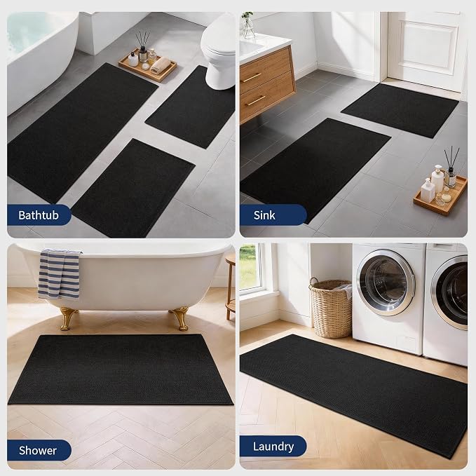 YIHOUSE Black Bathroom Rugs Sets 2 Piece, Quick Dry Thin Bath Mat, Non Slip Absorbent Machine Washable, Bath Runner Rug for Bathtub Sink Home Decor (17"x24" + 17"x47")