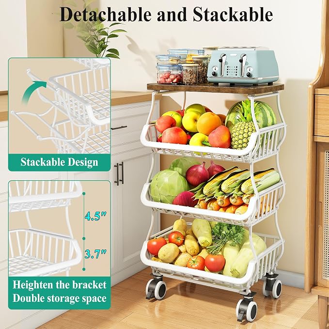 SAYZH Fruit Basket Kitchen Pantry Organizers and Storage - Wooden Top Table, Stackable Metal Wire Basket Stand Cart for Fruit Vegetable Snacks Onion Potato Organization (White, 4 Tiers)