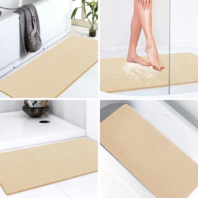 LuxStep Shower Mat Bathtub Mat,36x16 inch, Non-Slip Bath Mat with Drain, Quick Drying PVC Loofah Bathmat for Tub,Shower,Bathroom (Phthalate Free,Khaki)
