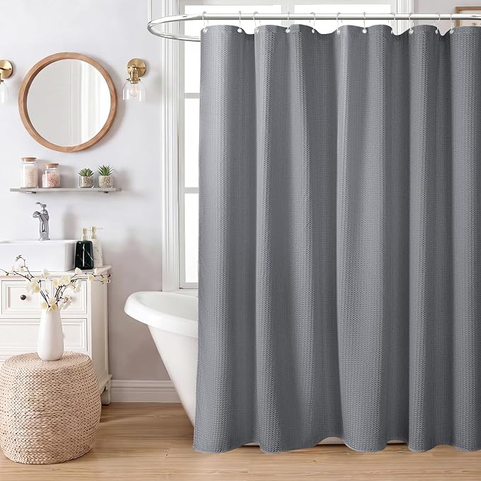 Dynamene Grey Fabric Shower Curtain for Bathroom - Waffle Weave Textured Heavy Duty , 256GSM Hotel Luxury Weighted Cloth Bath Curtain Set with 12 Plastic Hooks,72x72, Grey/Gray