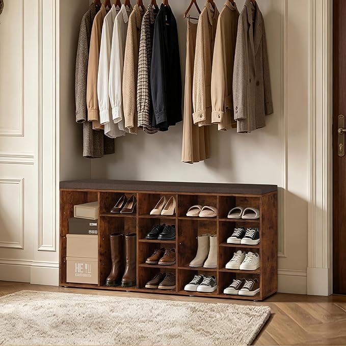 DINZI LVJ Shoe Storage Bench, 20-Cubby Shoe Rack Bench with Cushion, Fully Adjustable Shelves, Shoe Organizer for Closet, Entryway, Mudroom, Hallway and Garage, Rustic Brown