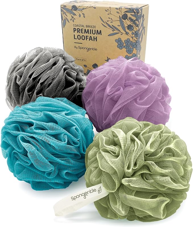 Spongentle Shower Loofah Bath Sponge, Body Scrubber with Soft Mesh, Exfoliating Bath Pouf and Body Wash Sponge for Women and Men, Bath Accessories Cleaning Tool, Large 60g 4 Pack