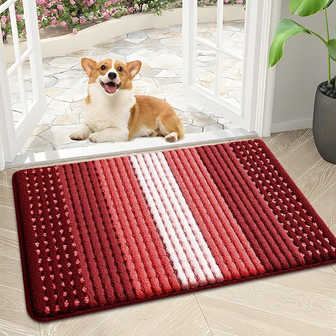 Kitinjoy Indoor Outdoor Door Mat, 30x17 Non-Slip Absorbent Dirt Trapper, Low-Profile Washable Inside Entrance Front Floor Mat, Sturdy Soft Entry Dotted Ombre Doormats for Entryway, Burgundy