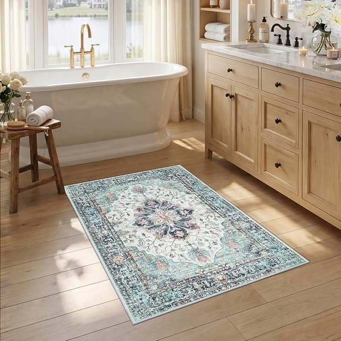 RELEANY Area Rugs Small 2'6"x4' Washable Non-Slip, Floral Vintage Distress Medallion Carpet for Kitchen Entryway Bathroom, Green Navy Blue White Red Teal
