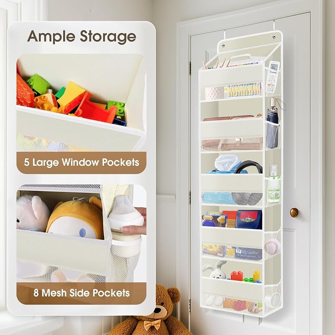 SpaceHacks 1 Pack Over The Door Organizer, Hanging Storage Organizer with Clear Window, 40lb Ultra Sturdy Large Capacity Room Organizer for Pantry Bathroom Nursery Closet Baby Essential (Beige)