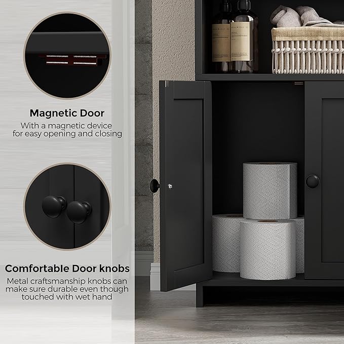 Homhedy Small Bathroom Storage Cabinet, Freestanding Toilet Paper Storage with 2 Doors and Shelves, Bathroom Organizers and Storage for Small Spaces, Laundry Room, 7.9" D x 14.6" W x 31" H, Black
