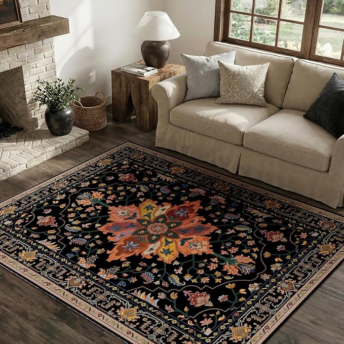 RELEANY Area Rugs 4'x5' Washable Non-Slip, Floral Vintage Distress Medallion Carpet for Living Room Bedroom Dining Room, Black Colorful Floral Dark Tan