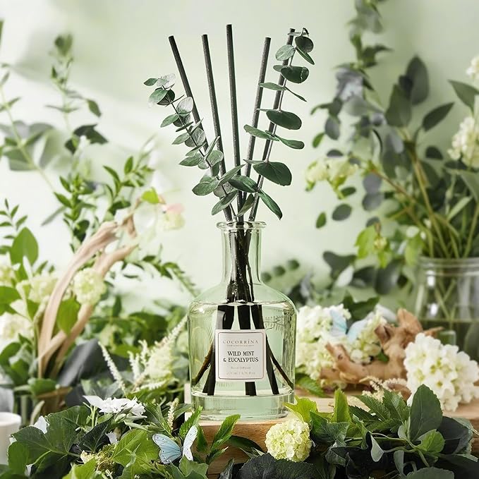 COCORRÍNA Wild Mint & Eucalyptus Reed Diffuser – 6.76 oz Essential Oil with 8 Reeds & Real Eucalyptus Sticks, Home Fragrance for Bedroom or Bathroom Décor