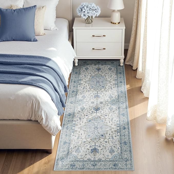 RELEANY Area Rugs Runner 3'x6' Washable Non-Slip, Floral Vintage Distress Medallion Carpet for Kitchen Hallway Bedroom Beside Laundry Room Bathroom, Light Blue Navy Gray White