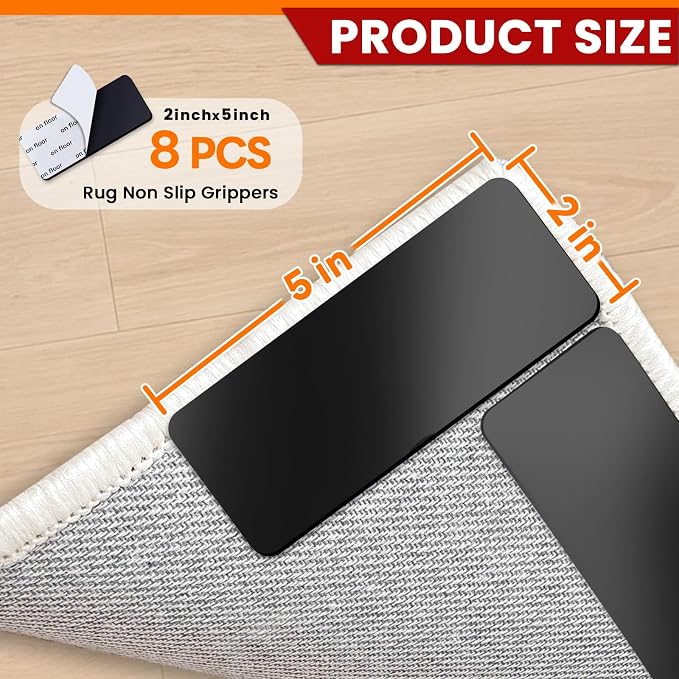 YINTTIAN Rug Non Slip Grippers, 2 x 5 Inch Reusable Carpet Grippers Rug Tape for Hardwood Floors and Tiles, Removable and No Residue on Floor (8)