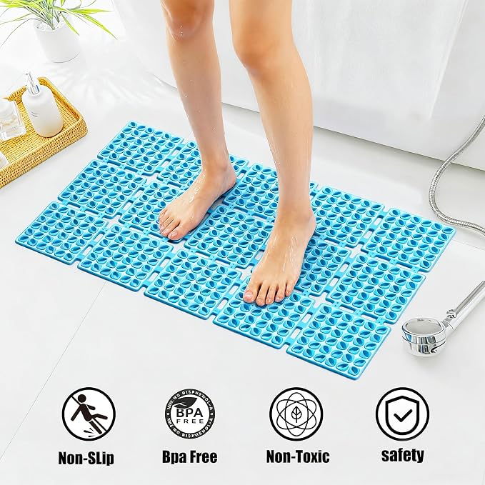 Non Slip Shower Mat for Bathtub with Strong Suction Cups | Quick-Dry Drain holes.Firm Yet Elastic Surface Massages Feet.Boosts Circulation.Sticks to Wall to Dry,Folds.26.2"x15.6" Blue