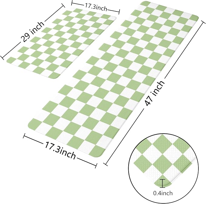 Fresh Green Checkered Grid Checkerboard Kitchen Rug Sets [2 PCs], Anti-Fatigue, Waterproof Non-Slip Kitchen Mats Heavy Duty Comfort Foam Rug for Kitchen, Floor, Laundry,17"x29"+17"x47"