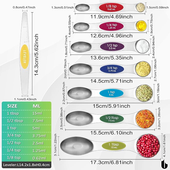 Urbanstrive Magnetic Measuring Spoons Set Stainless Steel, Dual Sided for Liquid Dry Food, Measuring Cups Spoons Set Fits in Spice Jar, Kitchen Gadgets, Cooking Utensils Set, Including Leveler, 8Color