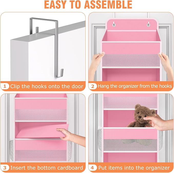 WISELIFE Over The Door Organizer Storage 4 Shelves Large Capacity Hanging Bedroom Storage Solution with 6 Side Pockets for Dorm Bathroom Pantry Nursery and Baby Essentials Holds up to 40 Lbs (Pink)