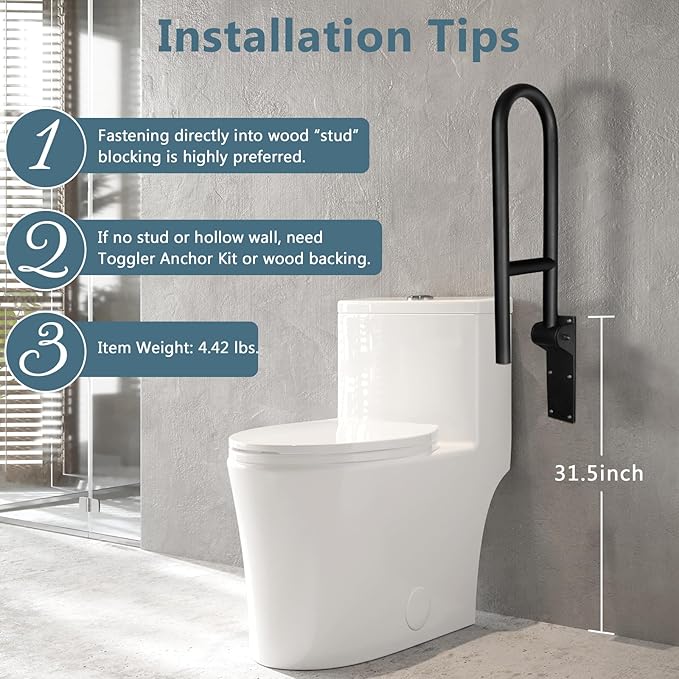 29.5 INCH Stainless Toilet Safety Rails, Matte Black Handicap Grab Bars for Elderly, Disabled Flip-Up Bathroom Grab Bar, Toilet Handrails Hand Grips Handle Shower Assist Aid Black