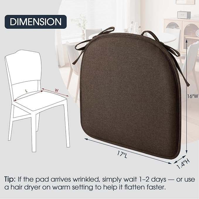 TushGuard Chair Cushions, 4 Pack Memory Foam Chair Pads, Seat Cushion, Kitchen Chair Cushions Set of 4, Anti-Slip Backing & Fixed Straps,Brown