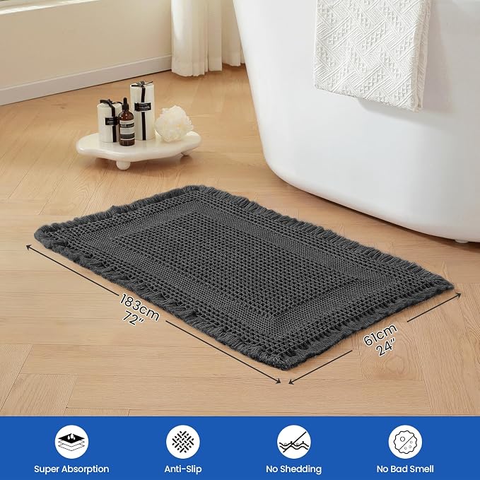 Waffle Bath Mat - Non Slip Bathroom Rugs - Washable Super Absorbent & Quick Dry Bath Mats with Tassels for Hallway Bedroom Laundry Room,24" x 72",Black