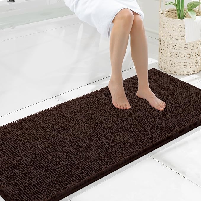 Smiry Luxury Chenille Bathroom Rugs 59x20, Extra Soft and Absorbent Shaggy Bath Mat, Machine Washable, Non-Slip Plush Carpet Runner for Tub, Shower, and Floor, Home Decor Accessories, Brown