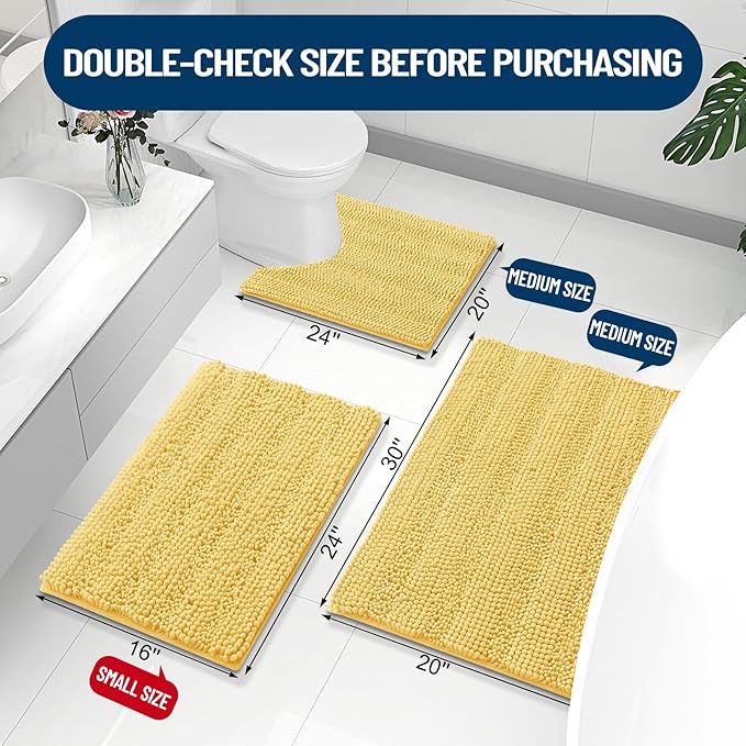 Grandaily Chenille Striped Bathroom Rugs 24x16, Extra Thick and Absorbent Bath Mats, Non-Slip Soft Plush Shaggy Shower Carpet, Machine Wash Dry, Bath Rug for Bathroom, (Small, Yellow)
