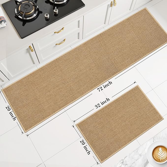 Kitchen Rugs and Mats, Non Slip Washable Set of 2 PCS, Absorbent Kitchen Mats for Floor, Kitchen Runner Rug, Rubber Backing, for Kitchen Decor, Front of Sink (Khaki, 20’’*32’’+20’’*72’’)