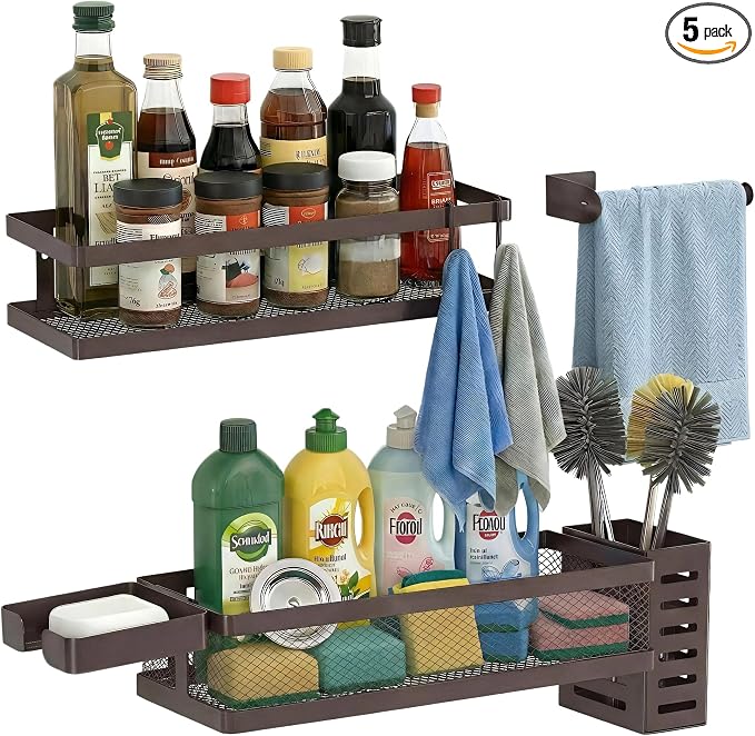 PUSDON 5-in-1 Shower Caddy & Kitchen Organizer Set, Wall Mount Wide Spice Rack with Paper Towel Holder, Utensil Holder, Soap Dish, Rustproof Mesh Baskets Hold 50LBS - Vintage Bronze, Guardrail