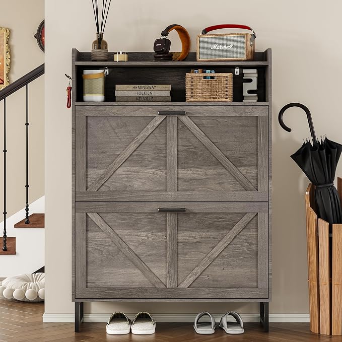 BORNOON Shoe Cabinet with 2 Flip Drawers Narrow Shoe Storage Organizer Wooden Freestanding Rack Hidden Slim Shoes Storage Cabinet for Entryway, Hallway, Living Room, Bedroom (Grey)