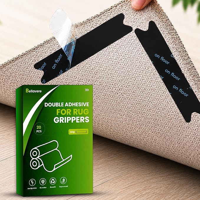 Rug Gripper Pads, 20 Pcs Super Adhesive Rug Grippers – Resuable & Washable Non-Slip Rug Stoppers, Helps Prevent Curling on Hardwood Floors and Carpet Corners