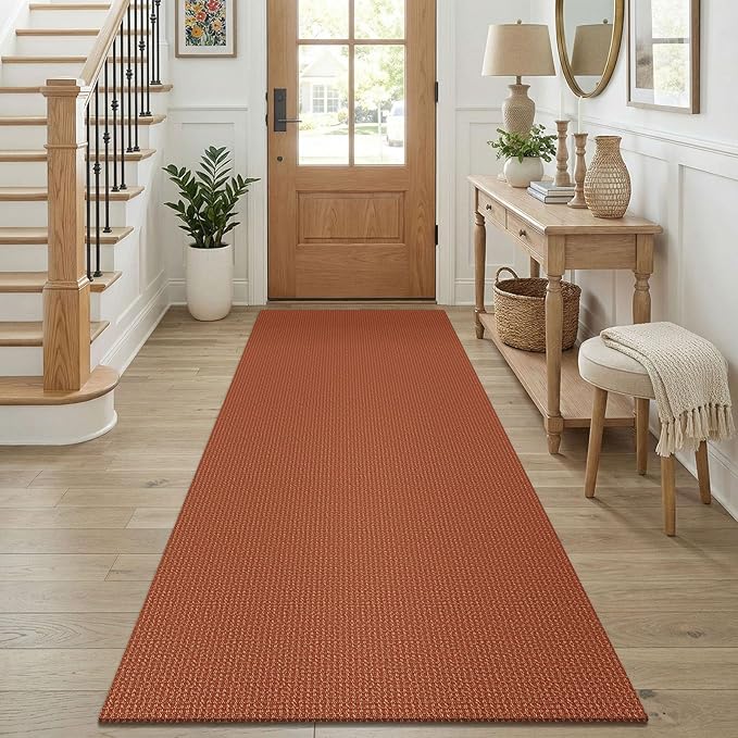 KOZYFLY Cotton Runners for Hallway 3x8, Wide Washable Runner Rug, Woven Non Slip Kitchen Runner, Braided Entryway Rug, Floor Carpet for Foyer, Bedroom, Hall, Burnt Orange/Tan